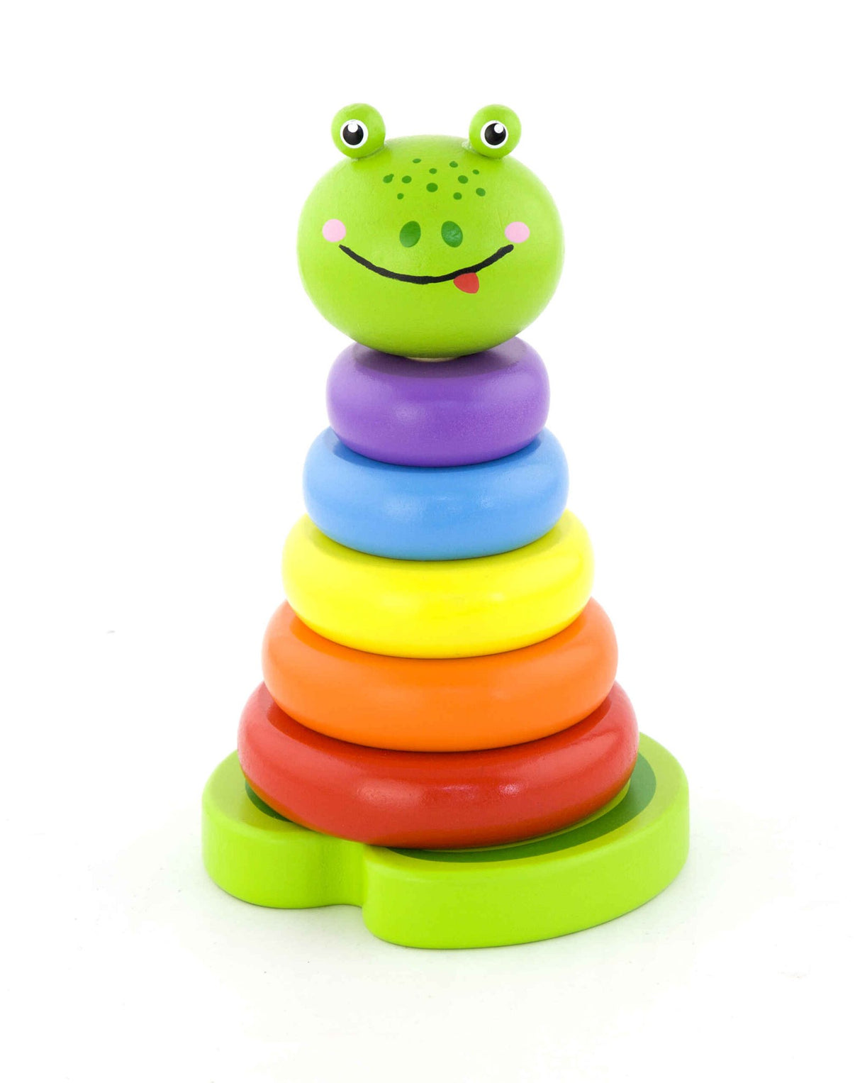 Frog-shaped stacking toy with green head and colorful ring stack