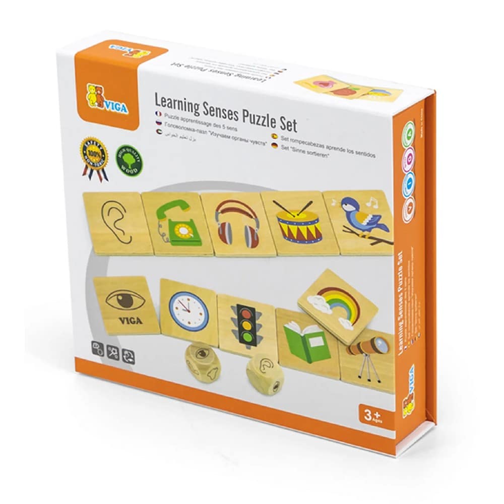 Learning senses puzzle set in an illustrated box with colorful picture tiles