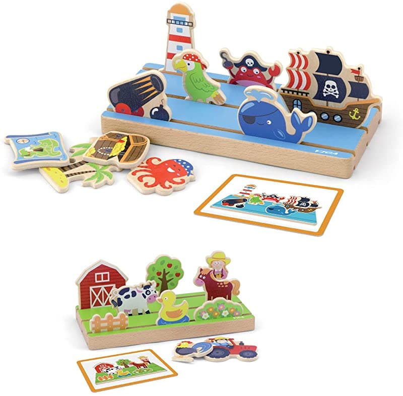 Wooden animal playset with pirate-themed track, figures, and activity cards