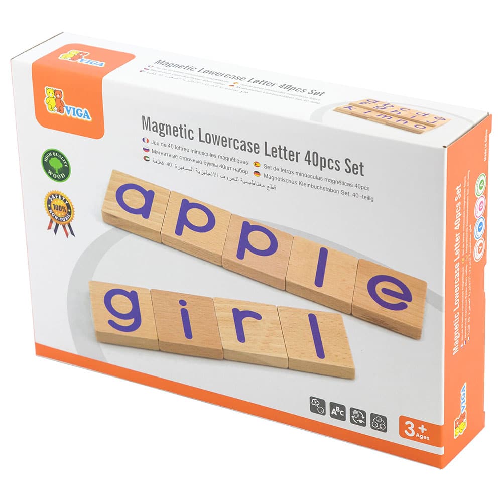 Magnetic lowercase letter set with wooden tiles and blue letter inserts, in display box