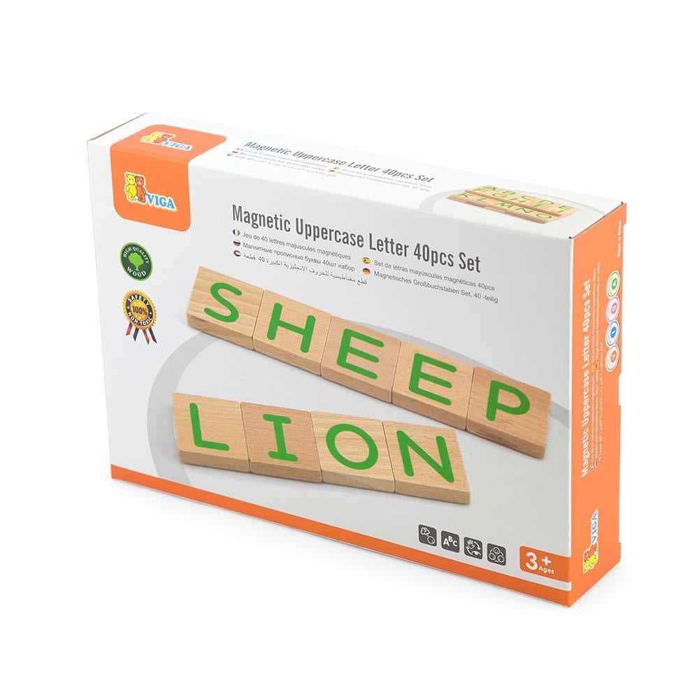 Magnetic uppercase letter set with wooden tiles showing SHEEP and LION