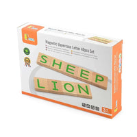 Magnetic uppercase letter set with wooden tiles showing SHEEP and LION