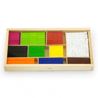 Maths blocks set in wooden tray with multicolor square grid pieces
