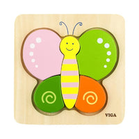Butterfly mini wooden block puzzle with 5 colorful pieces on a light wooden base