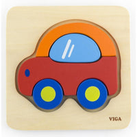 Wood mini block puzzle board with red car, blue window, green wheels