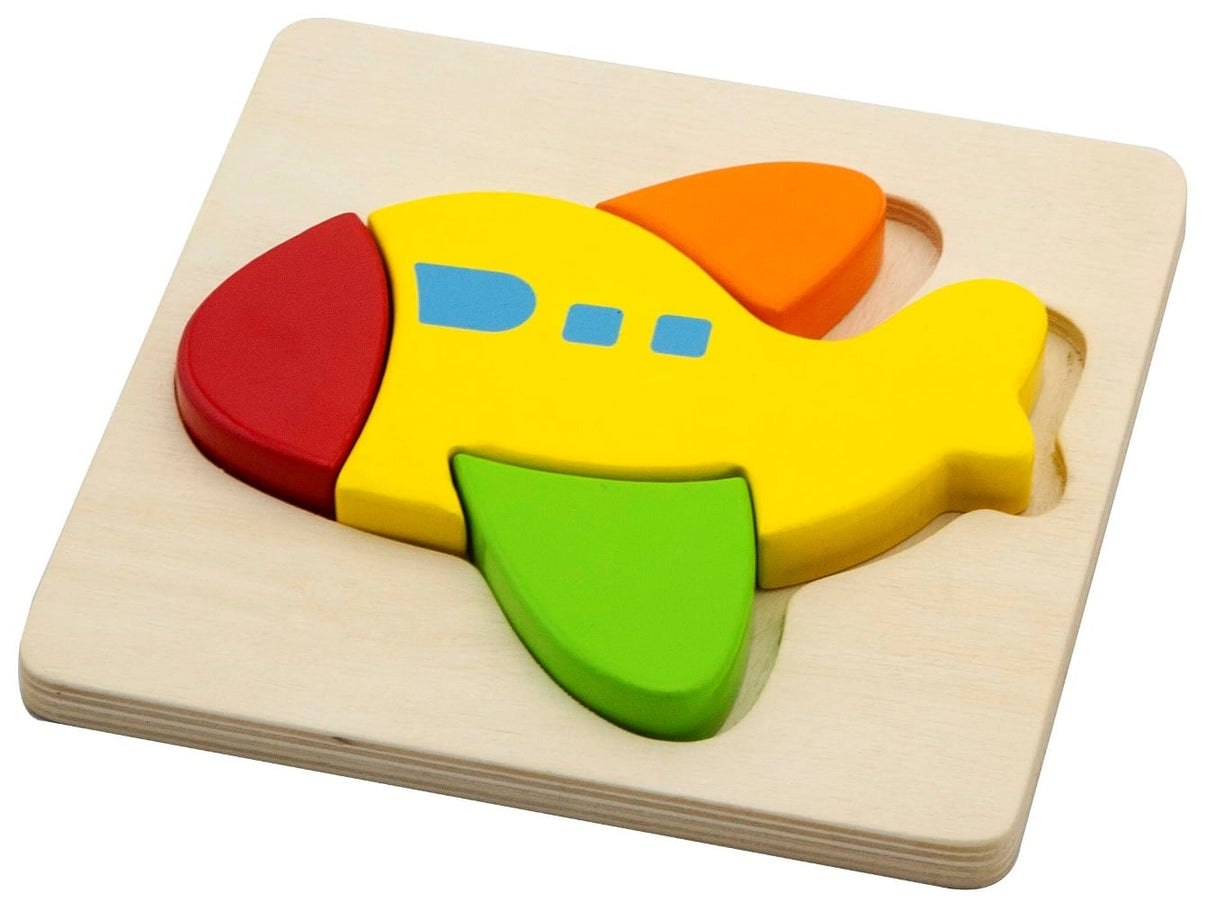 Wooden mini block puzzle plane with yellow, orange, red, and green pieces