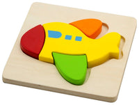 Wooden mini block puzzle plane with yellow, orange, red, and green pieces
