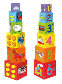 Colorful nesting and stacking blocks with animal pictures and numbers 1–6