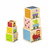 Wooden stacking nesting cubes with colorful train illustrations and window openings