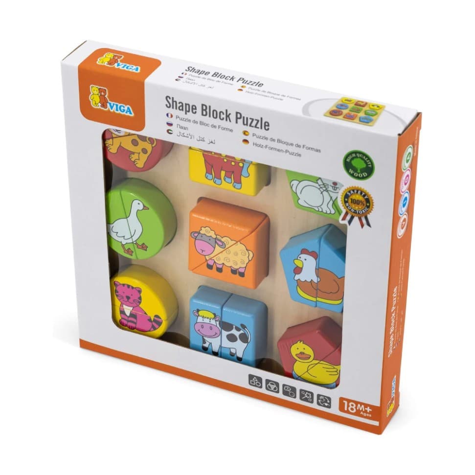 Farm animal shape block puzzle box with colorful wooden blocks display window