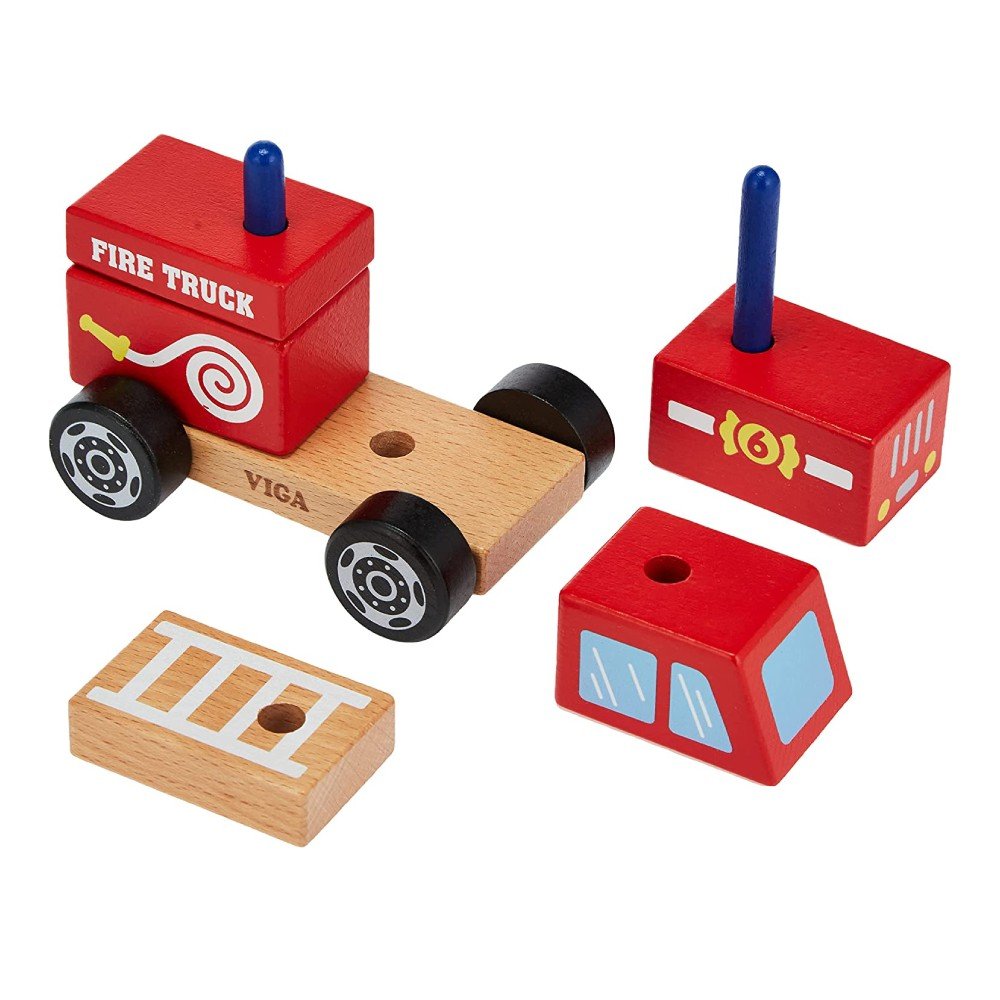 Wooden stacking fire truck toy with red blocks, blue pegs, black wheels, and base