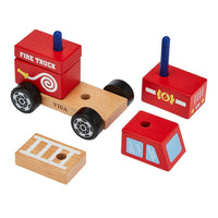 Wooden stacking fire truck toy with red blocks, blue pegs, black wheels, and base