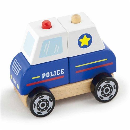 Wood and plastic stacking police car toy with blue cab, star emblem, and large wheels