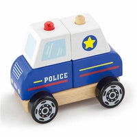 Wood and plastic stacking police car toy with blue cab, star emblem, and large wheels