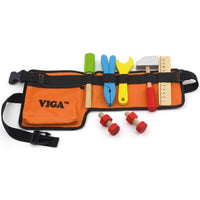 Children's tool belt with orange pouches and black strap, colorful tool attachments