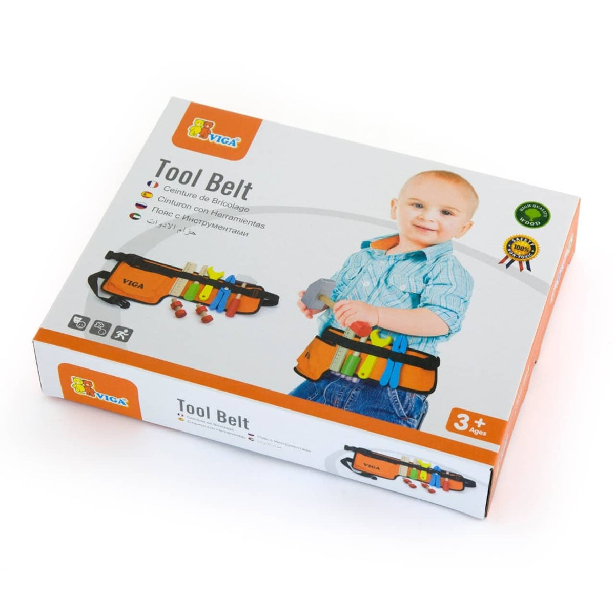 Tool belt in retail box, orange-and-black belt with colorful tools shown