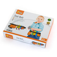 Tool belt in retail box, orange-and-black belt with colorful tools shown