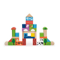 Wooden farm theme block structure with colorful animal, house, and barn pieces