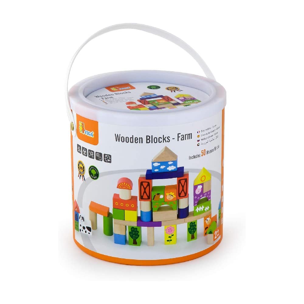 Wooden farm theme block set in a lidded carry tub with illustrated blocks
