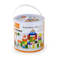 Wooden farm theme block set in a lidded carry tub with illustrated blocks