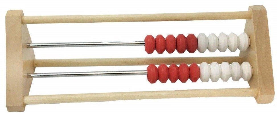 Wooden rekenrek abacus with red and white sliding beads on metal rods in frame