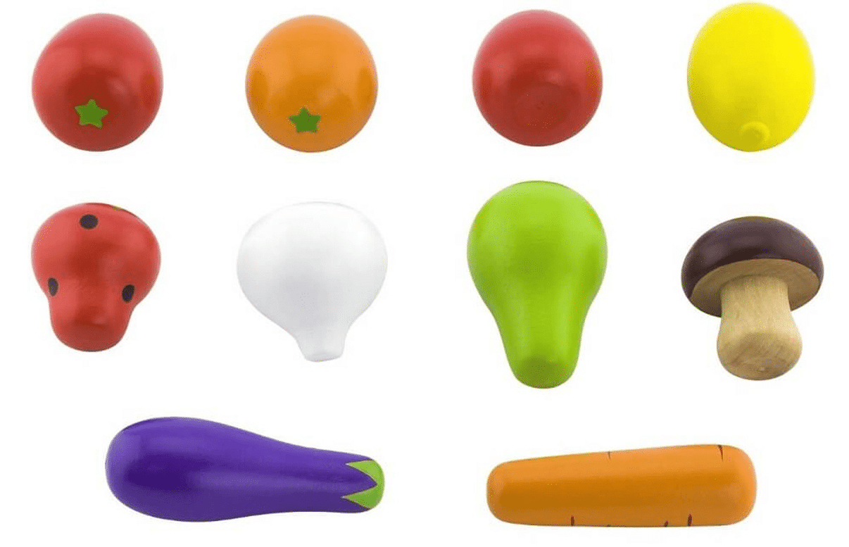 Toy fruit and vegetable set with assorted pieces in red, orange, yellow, green, purple.