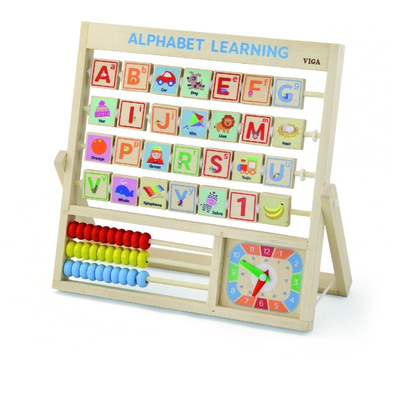 Wooden learning abacus and clock toy with alphabet letter tiles and bead rows