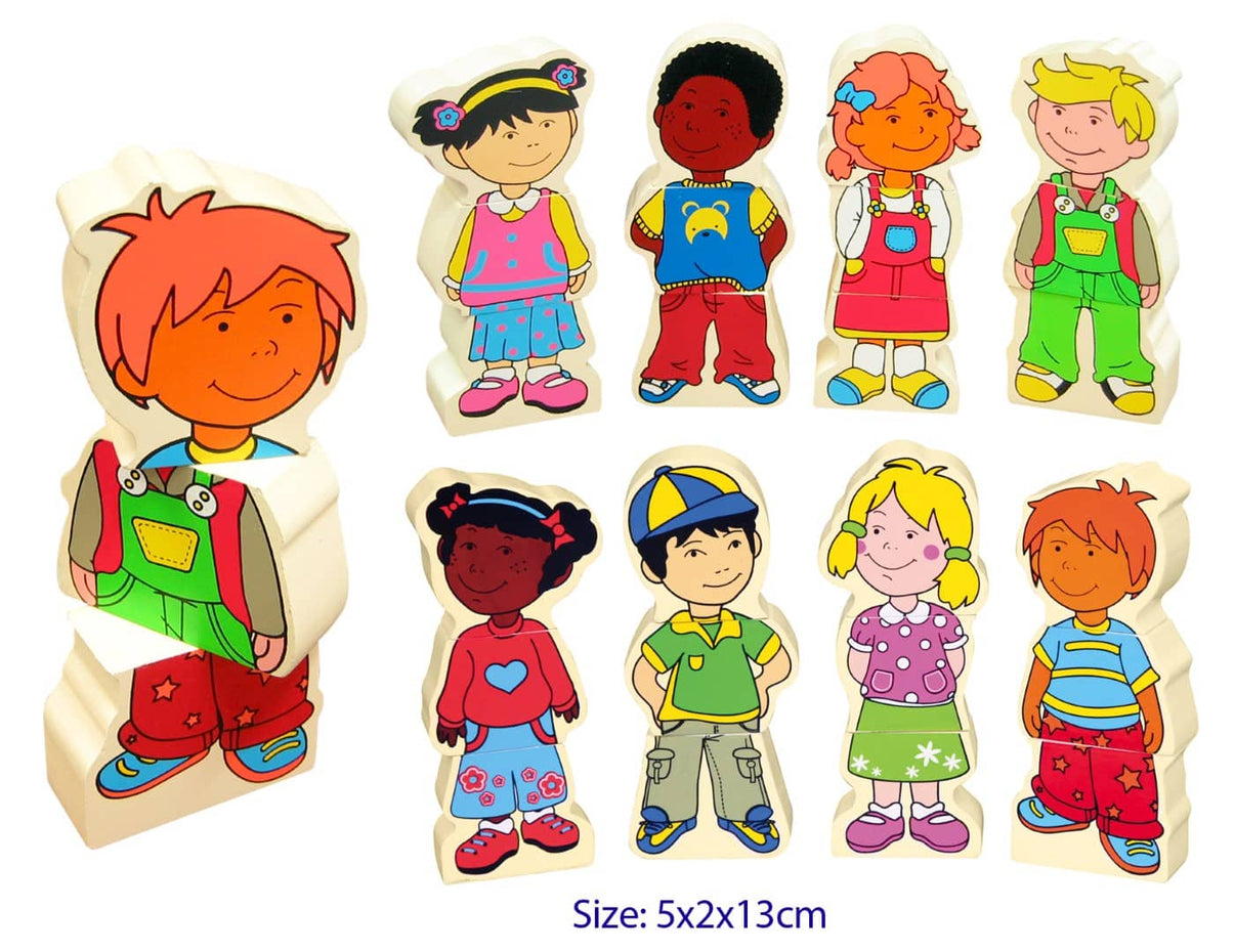 Magnetic wooden children character set, 8 cartoon faces, assorted boy and girl figures