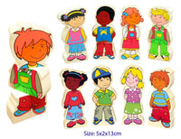 Magnetic wooden children character set, 8 cartoon faces, assorted boy and girl figures