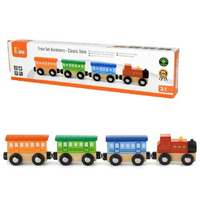 Wooden classic train accessory with 4 colorful cars and wheels on packaging