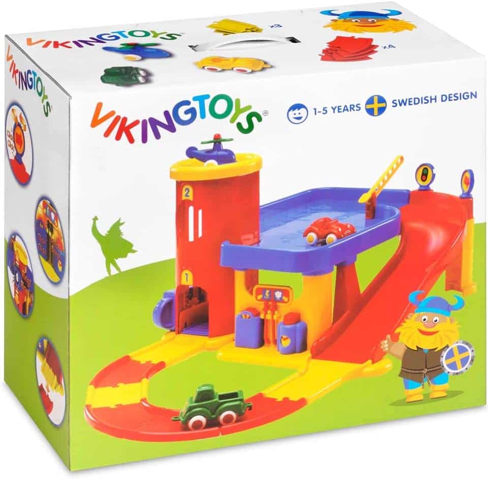 Toy two-story garage track playset in retail box, red yellow blue with ramp and car