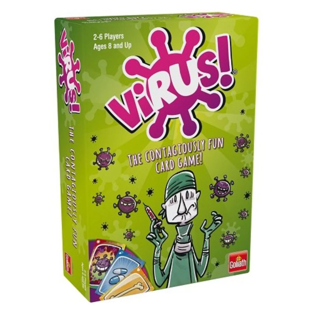 Virus card game box, purple logo and cartoon virus icons, 2–6 players, ages 8+