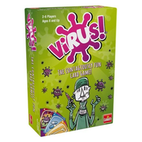 Virus card game box, purple logo and cartoon virus icons, 2–6 players, ages 8+