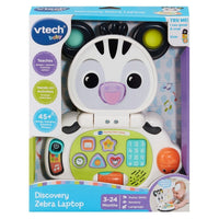 Zebra-themed baby discovery laptop toy with smiling face and colorful buttons