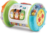 Close-up of a baby roller toy drum with green sides, buttons, and illustrated panels