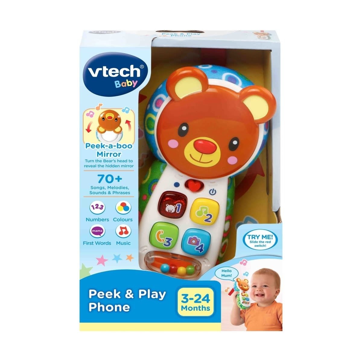 Retail box for VTech bear learning phone, shows buttons and 3-24 months