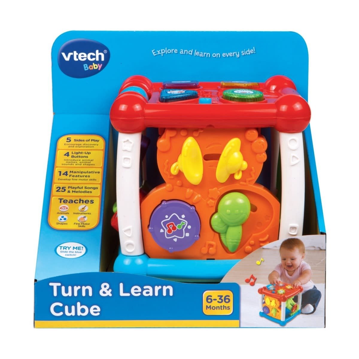 Learning cube toy in retail box with blue front and colorful cube photo