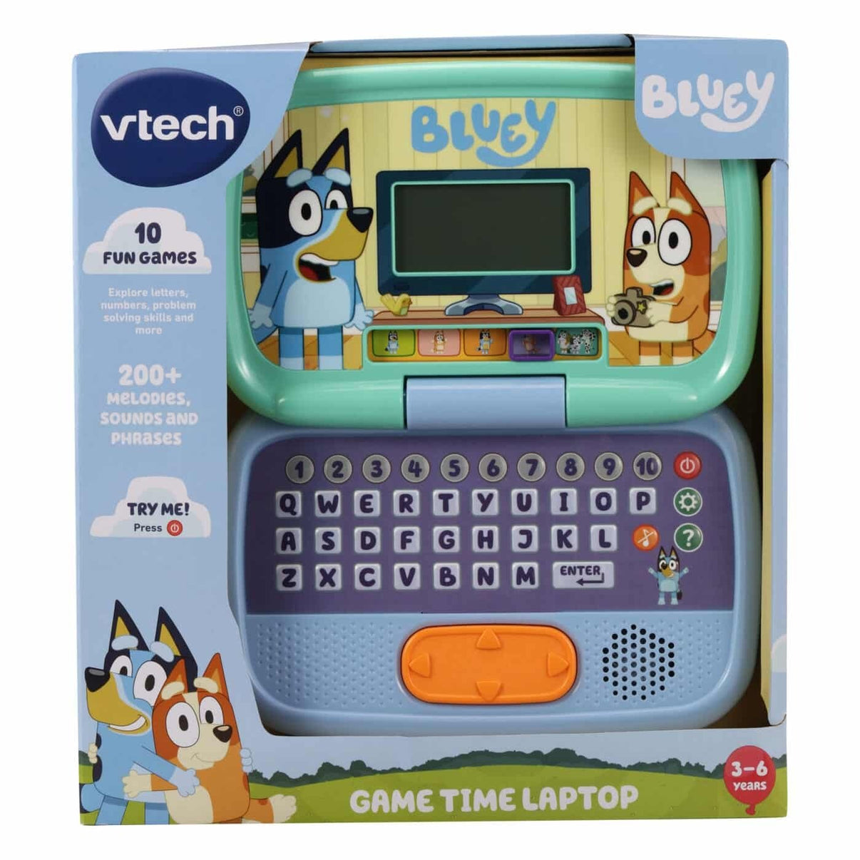 VTech Bluey Game Time Laptop box front showing screen and keyboard