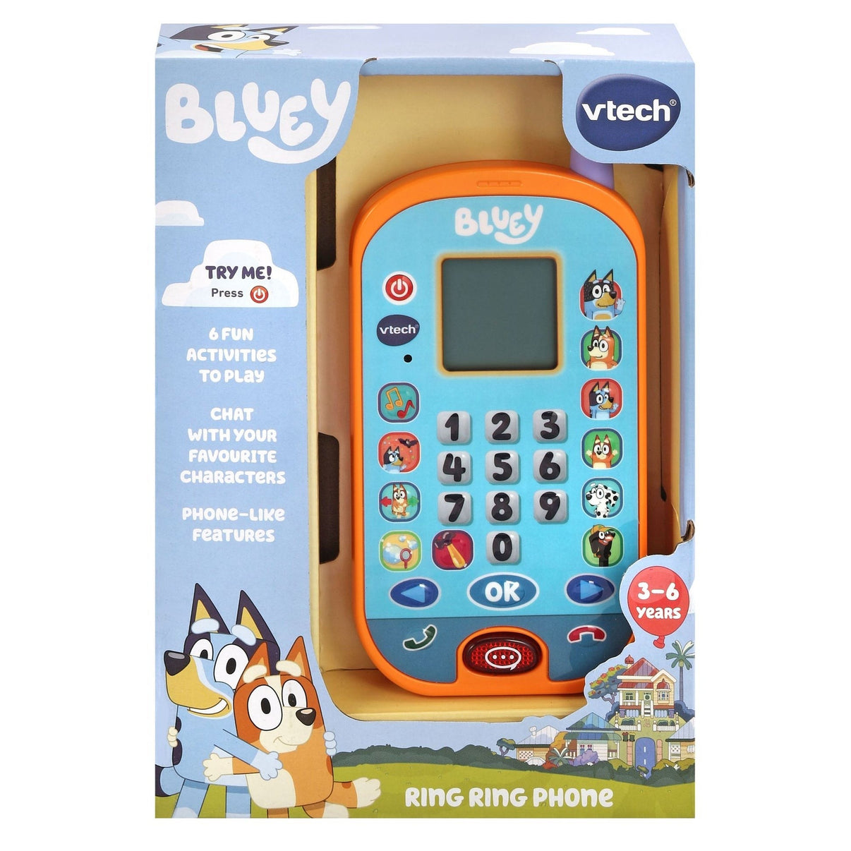 VTech Bluey ring phone gift box with blue-and-orange packaging and keypad graphic