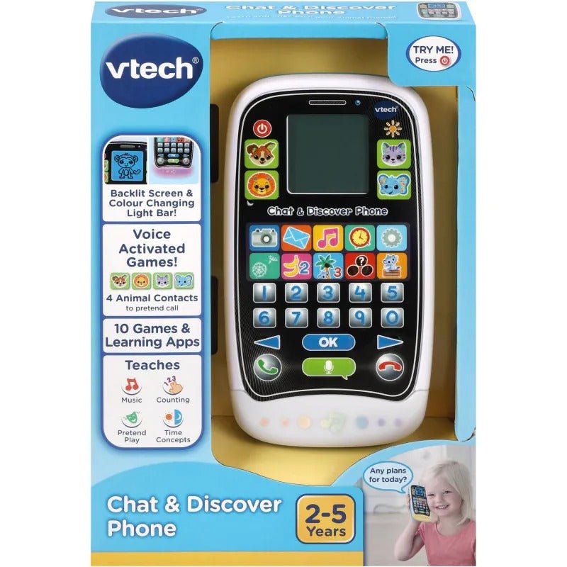 Learning phone in blue retail box with colorful screen and activity buttons
