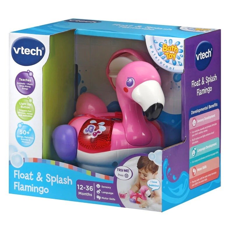 VTech Float & Splash Flamingo bath toy in box, pink flamingo with red panel