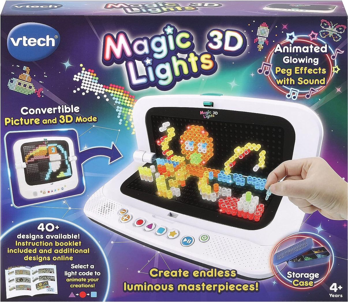 Electronic peg art kit box with Magic 3D Lights branding and peg effects illustration