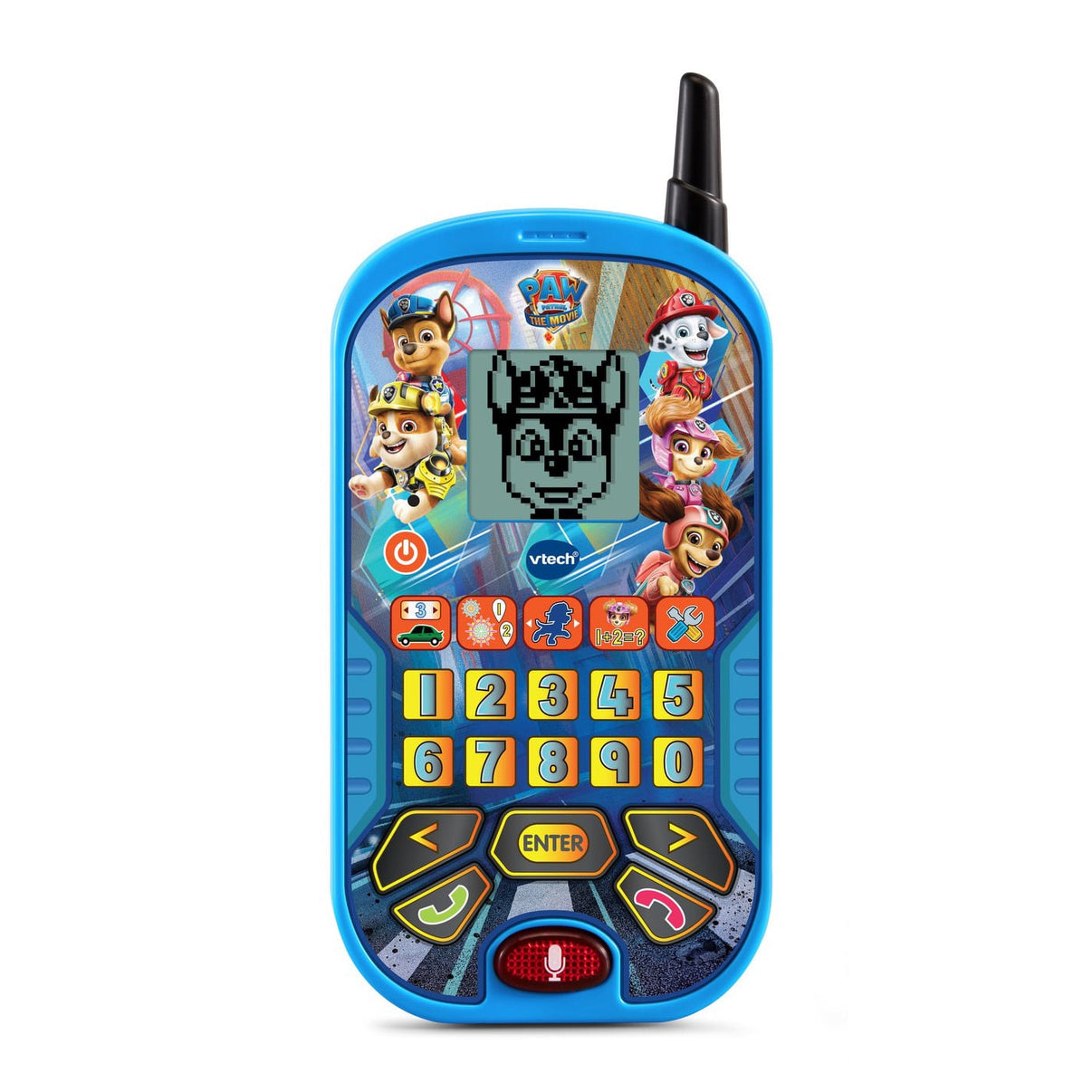 Blue VTech learning phone with speaker mic button, keypad, and paw-themed character icons