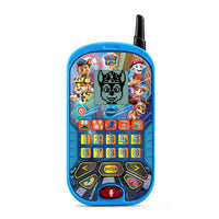 Blue VTech learning phone with speaker mic button, keypad, and paw-themed character icons