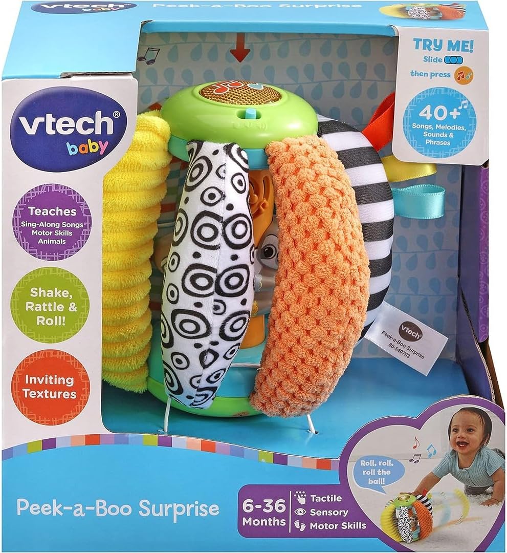 VTech Peek-a-Boo Surprise plush activity toy in a display box with textured fabric parts