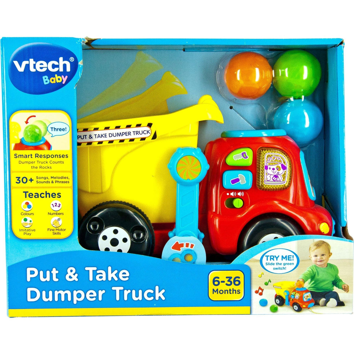 VTech Put & Take Dumper Truck toy in retail box, 6–36 months
