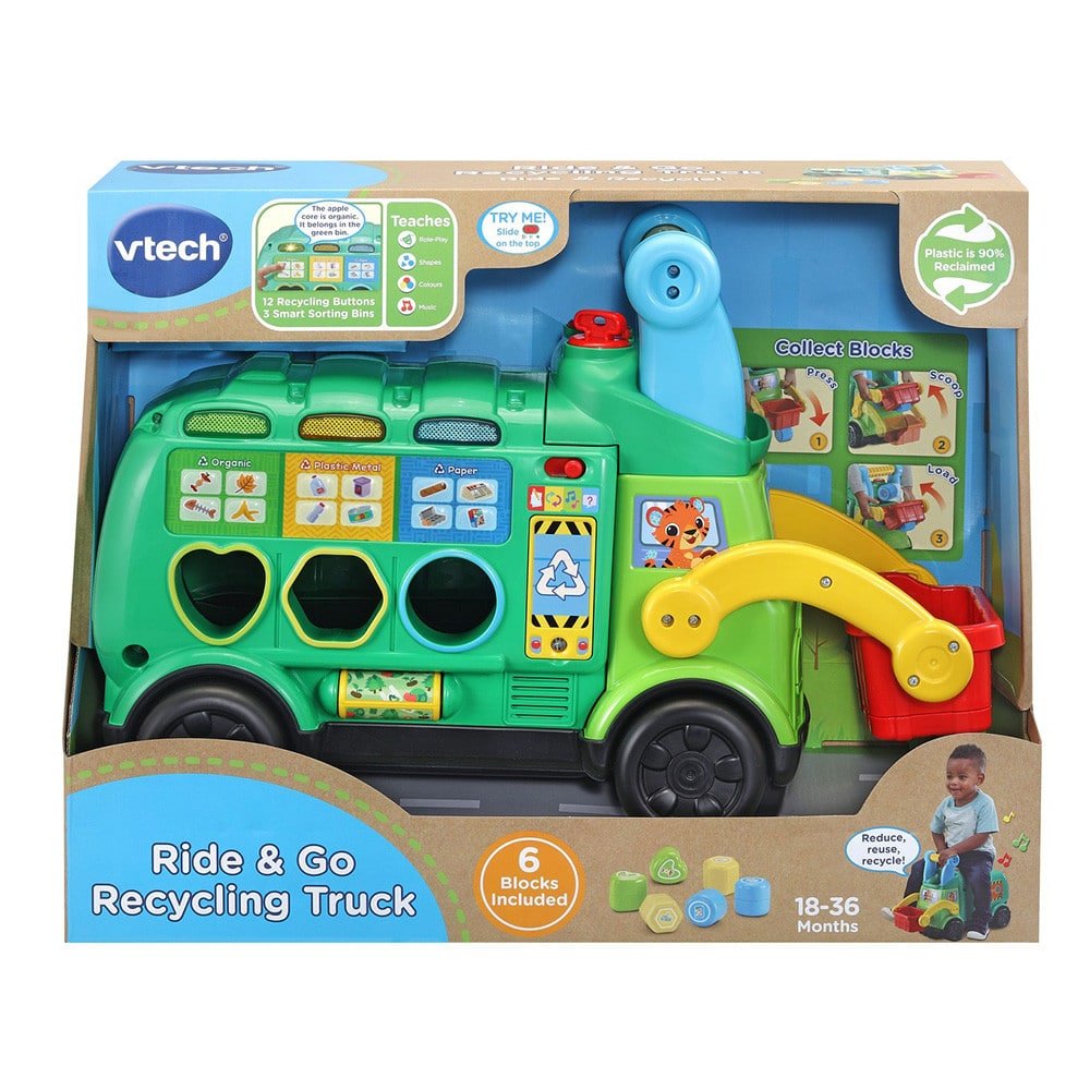Green ride-and-go recycling truck toy with blue top handle and yellow wheels