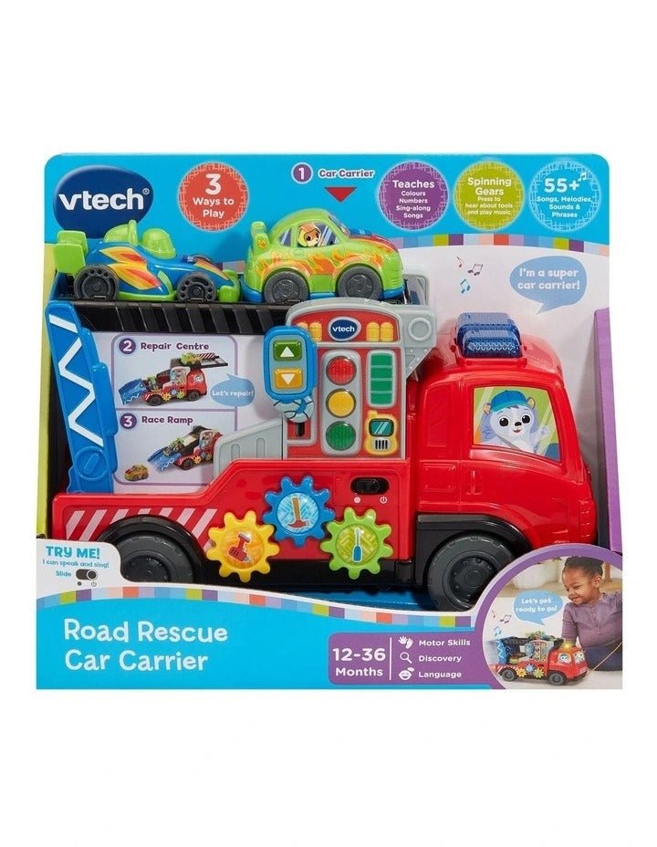 Retail package for red road rescue car carrier toy with blue ramp and two cars