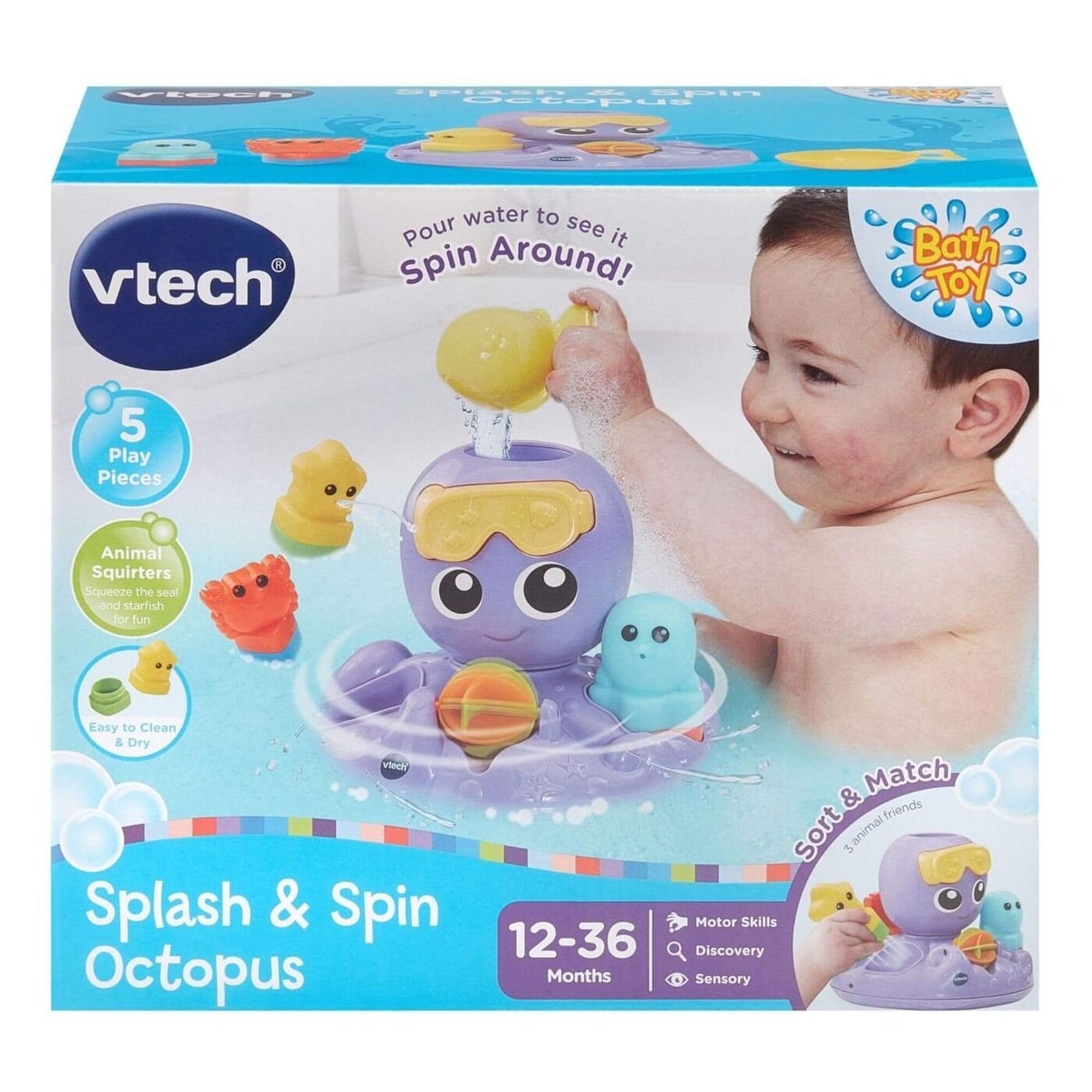VTech Splash & Spin Octopus bath toy box with octopus and splash artwork