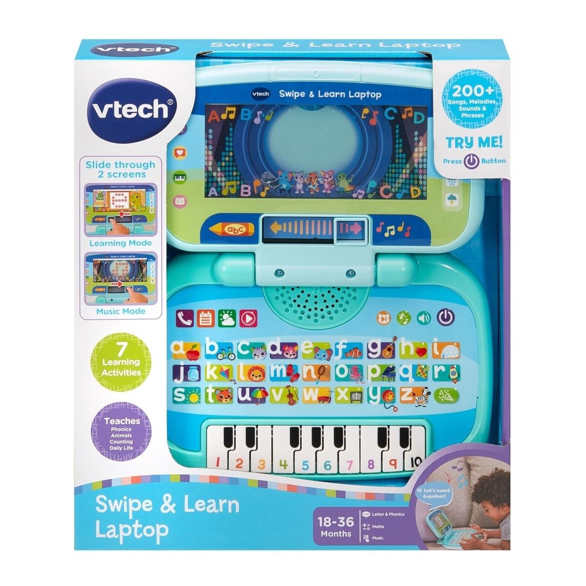 Kids learning laptop toy in teal on retail package, with keyboard and alphabet display